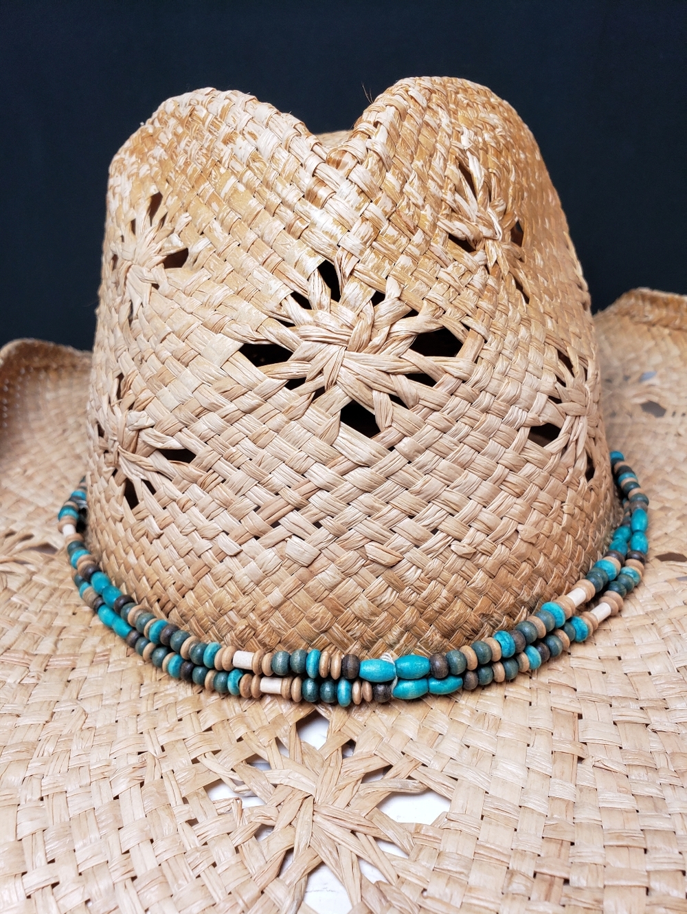Distressed Style Straw Cowboy Hat with Faux Turquoise Beaded Hatband - OS Unisex - Picture 7 of 14